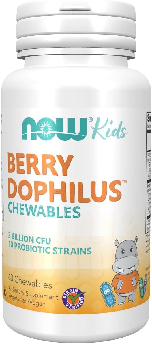 NOW Supplements, BerryDophilus with 2 Billion, 10 Probiotic Strains, Xylitol Sweetened, Strain Verified, 60 Chewables, packaging may vary