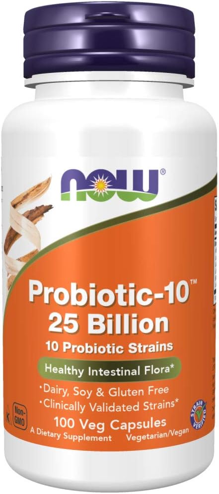 NOW Supplements, Probiotic-10, 25 Billion, with 10 Probiotic Strains, Dairy, Soy and Gluten Free, Strain Verified, 100 Veg Capsules