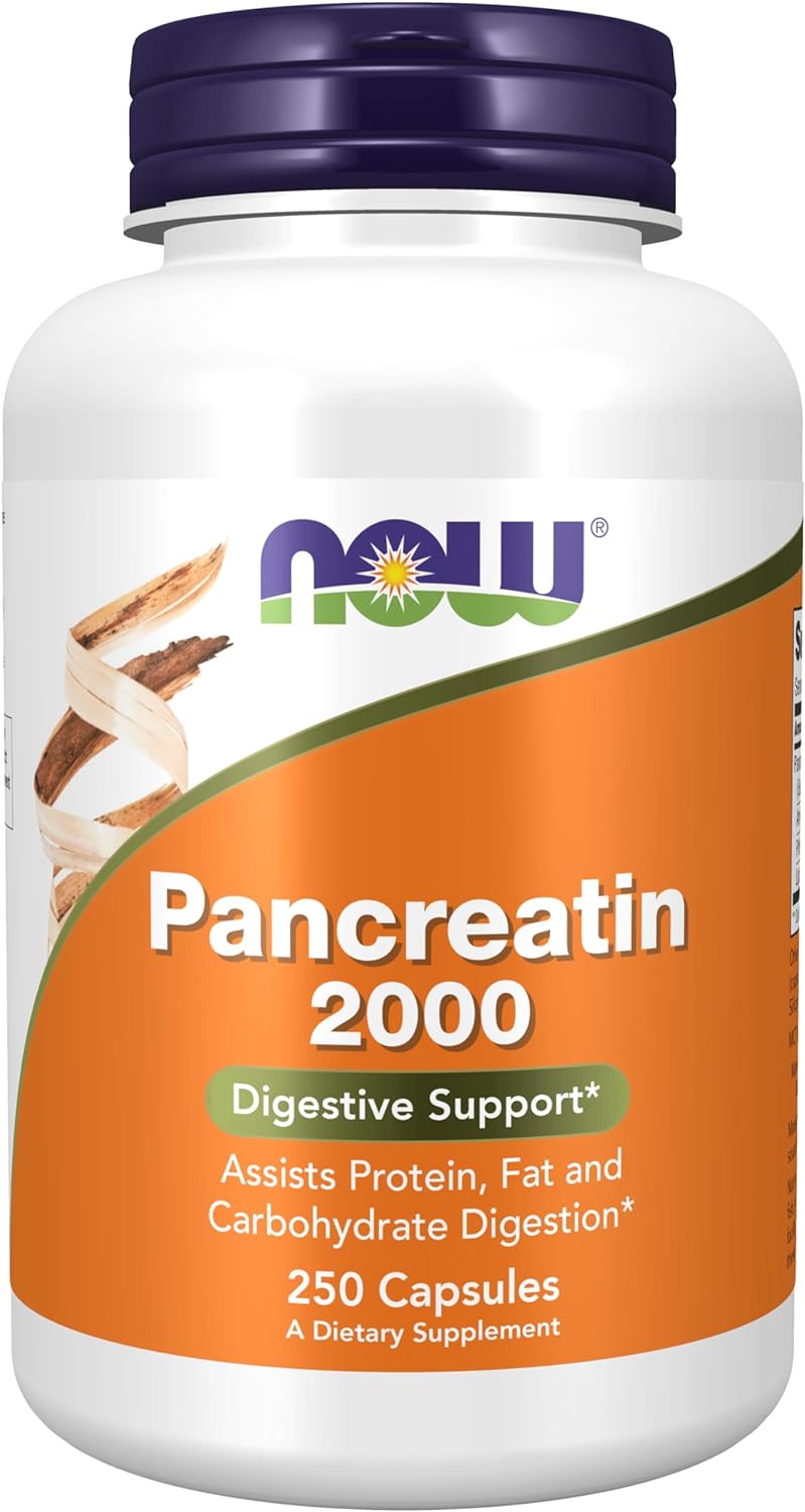 NOW Supplements, Pancreatin 2000 with naturally occurring Protease (Protein Digesting), Amylase (Carbohydrate Digesting), and Lipase (Fat Digesting) Enzymes, 250 Capsules , 1 Count (Pack of 1 )