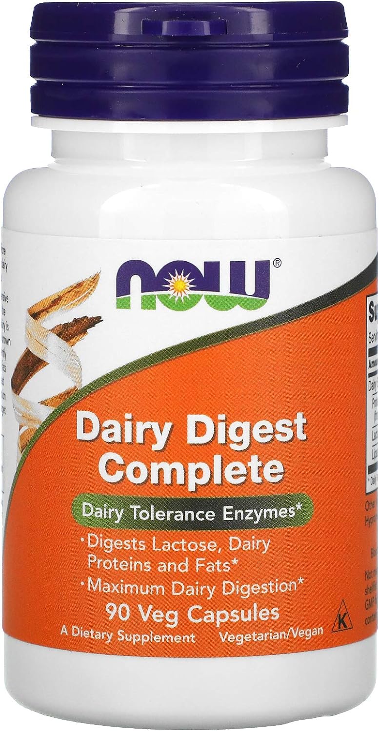 NOW Supplements, Dairy Digest Complete, Digests Lactose, Dairy Proteins and Fats*, Dairy Tolerance Enzymes*, 90 Veg Capsules