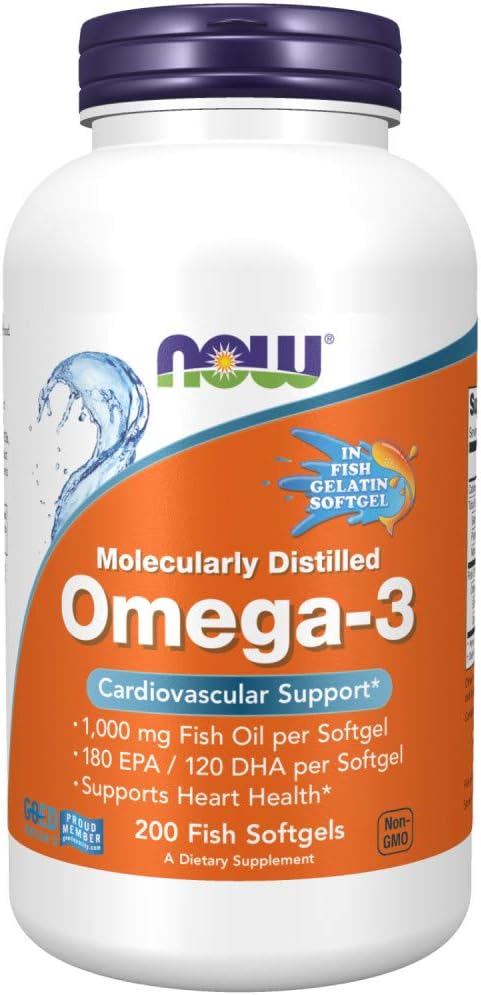 NOW Supplements, Omega-3 180 EPA / 120 DHA, Molecularly Distilled, Cardiovascular Support*, 200-Fish Gelatin Softgels,Packaging may vary