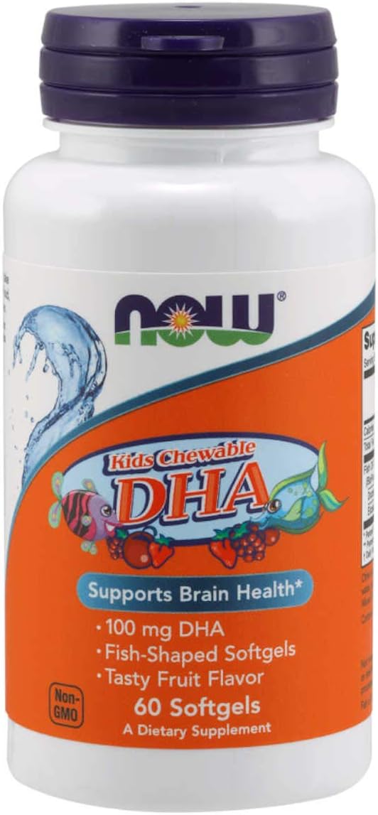 NOW Supplements, DHA Kids 100 mg, Supports Brain Health*, Fruit Flavor, 60 Chewable Softgels, packaging may vary