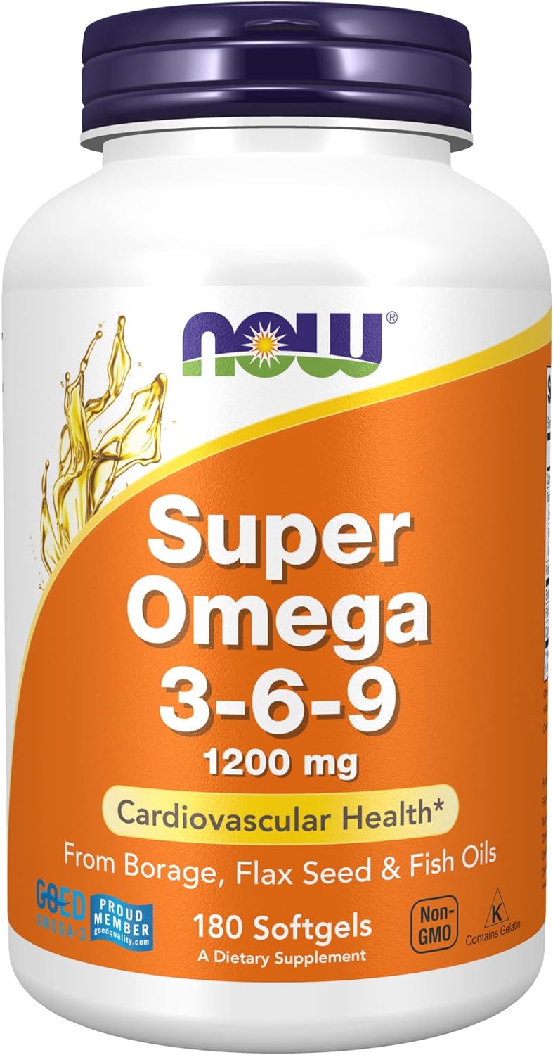 NOW Supplements, Super Omega 3-6-9 1200 mg with a blend of Fish, Borage and Flax Seed Oils, 180 Softgels