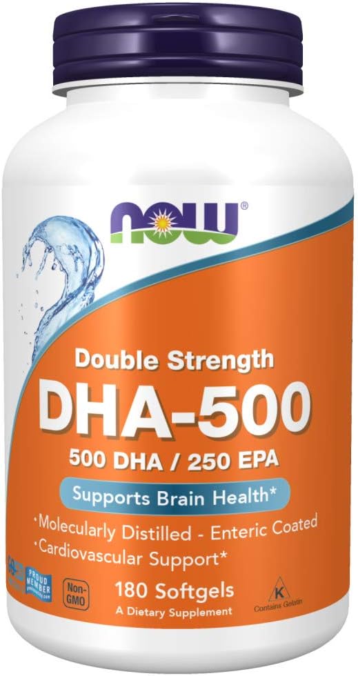 NOW Supplements, DHA-500 with 250 EPA, Molecularly Distilled, Supports Brain Health*, 180 Softgels