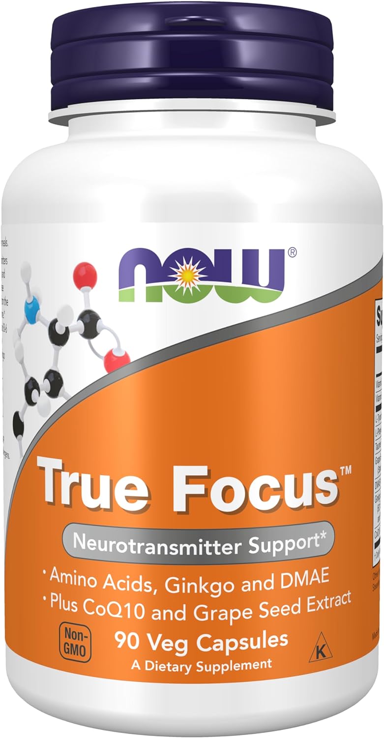 NOW Supplements, True Focus with Amino Acids, Ginkgo, DMAE   CoQ10 and Grape Seed Extract , 90 Veg Capsules