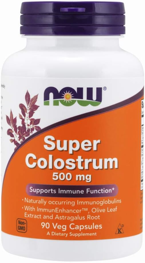 NOW Supplements, Super Colostrum 500 mg, Naturally occurring Immunoglobulins with ImmunEnhancer, Olive Leaf Extract and Astragalus Root, 90 Veg Capsules