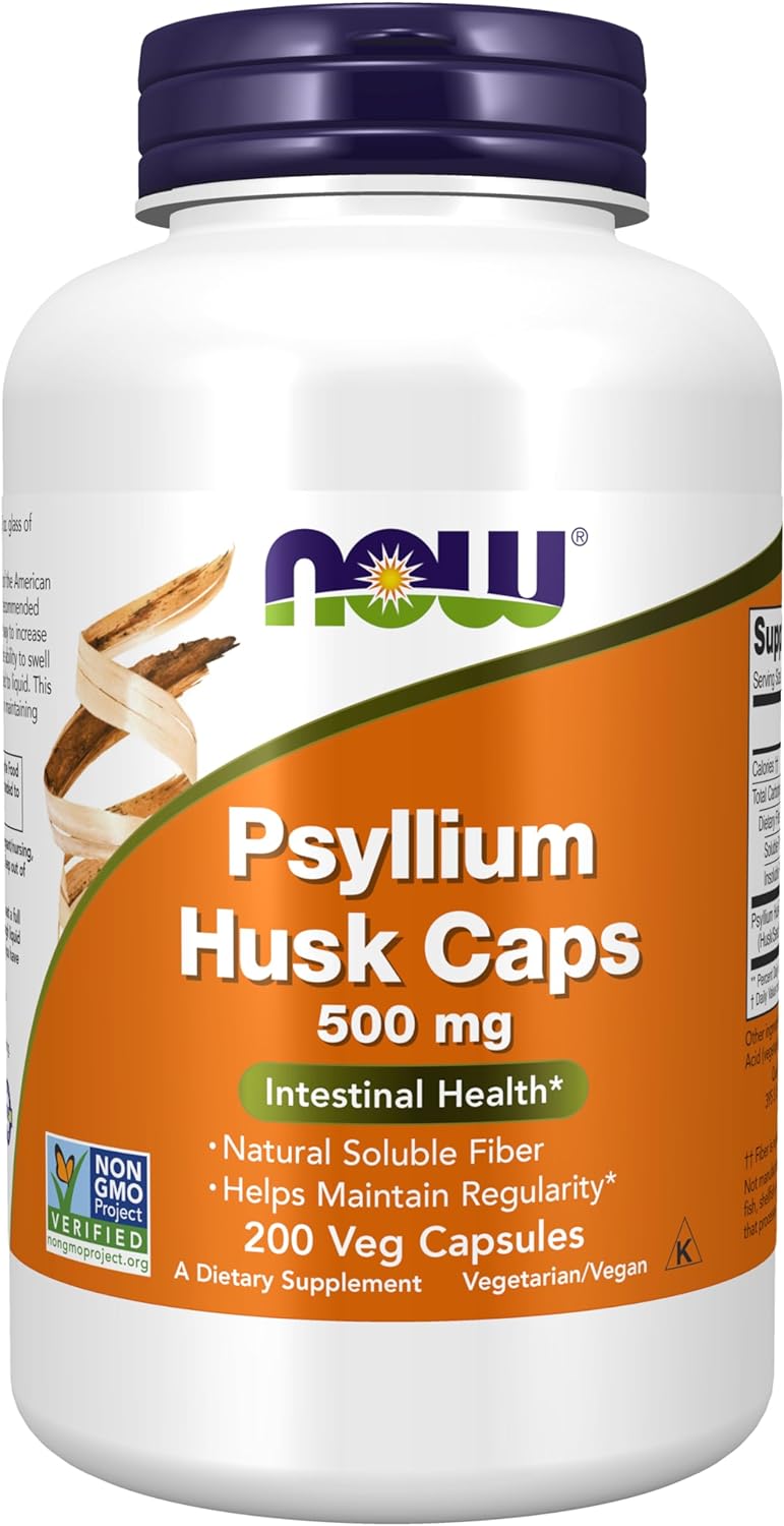 NOW Supplements, Psyllium Husk Caps 500 mg, Non-GMO Project Verified, Natural Soluble Fiber, Intestinal Health*, 200 Veg Capsules