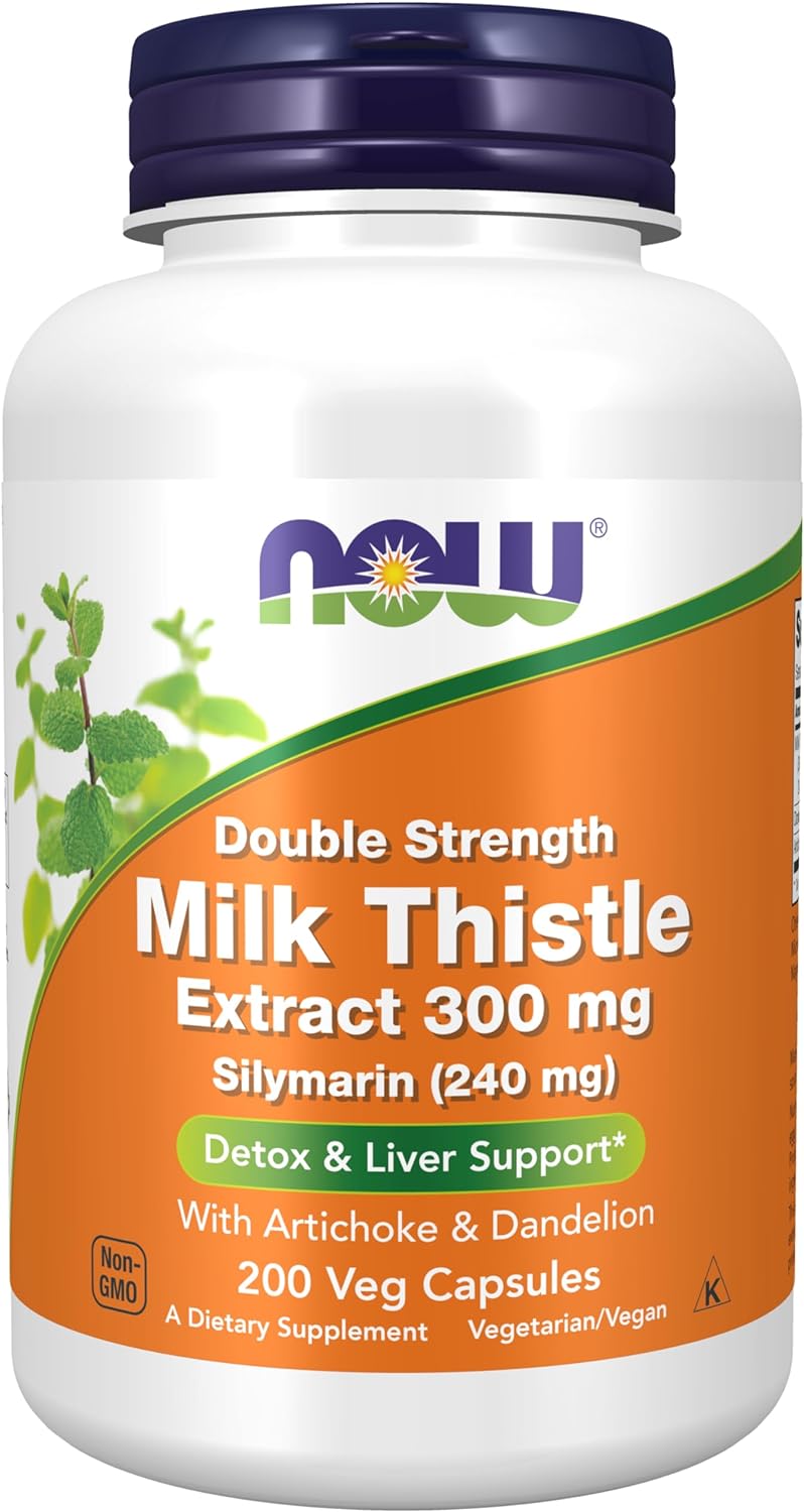 NOW Supplements, Silymarin Milk Thistle Extract 300 mg with Artichoke and Dandelion, Double Strength, Supports Liver Function*, 200 Veg Capsules