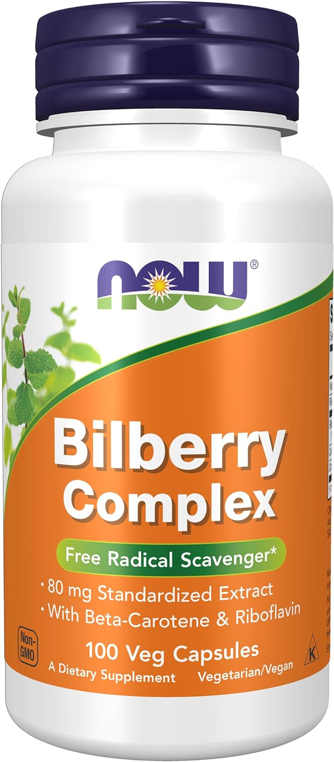 NOW Supplements, Bilberry (Vaccinium myrtillus)Complex 80 mg with Beta-Carotene & Riboflavin, 100 Veg Capsules