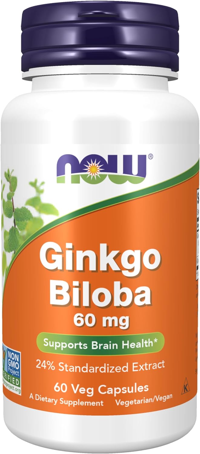 NOW Supplements, Ginkgo Biloba 60 mg, 24% Standardized Extract, Non-GMO Project Verified, 60 Veg Capsules