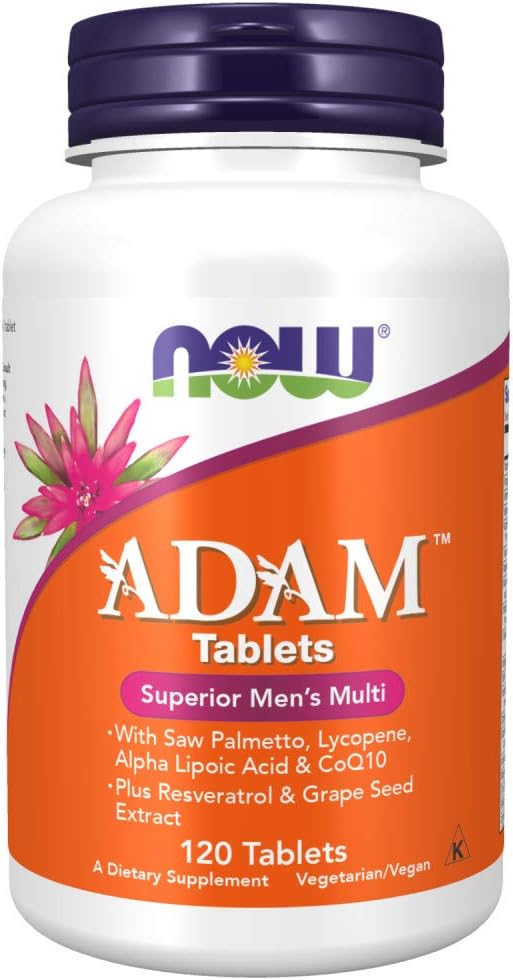 NOW Supplements, ADAM Men' Multivitamin with Saw Palmetto, Lycopene, Alpha Lipoic Acid and CoQ10, Plus Natural Resveratrol & Grape Seed Extract, 120 Tablets