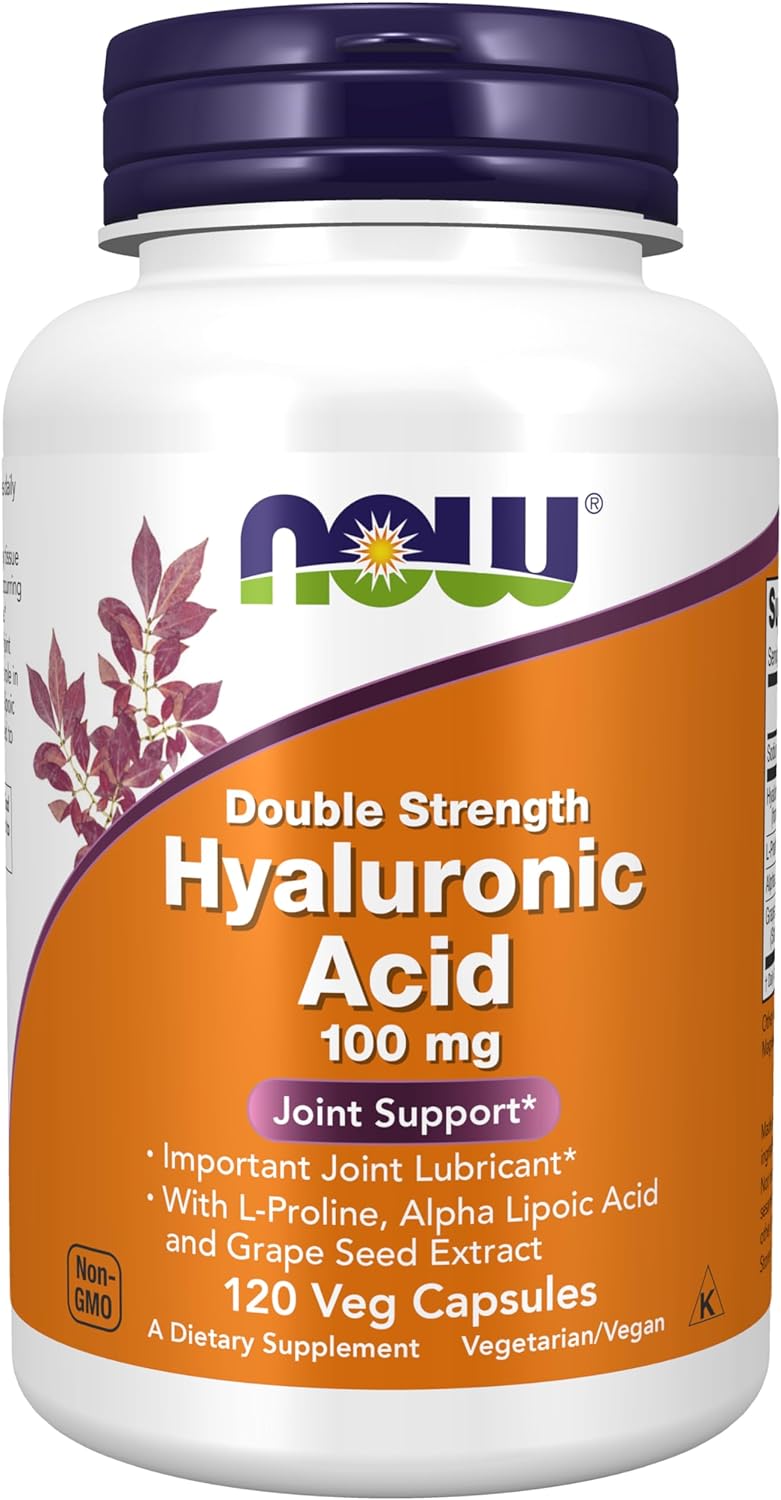 NOW Supplements, Hyaluronic Acid 100 mg, Double Strength with L-Proline, Alpha Lipoic Acid and Grape Seed Extract, 120 Veg Capsules