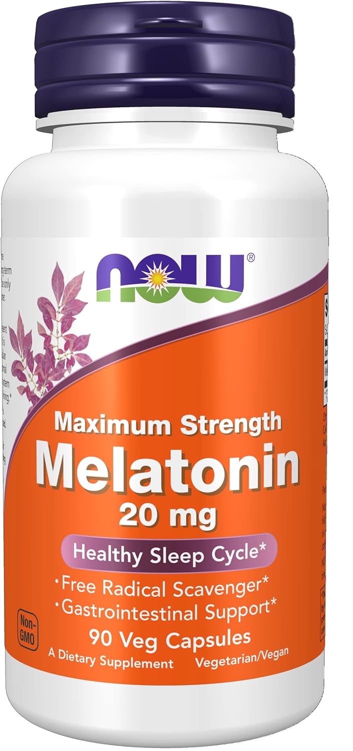 NOW Supplements, Maximum Strength Melatonin 20 mg, Healthy Sleep Cycle*, Free Radical Scavenger*, Gastrointestinal Support*, 90 Veg Capsules