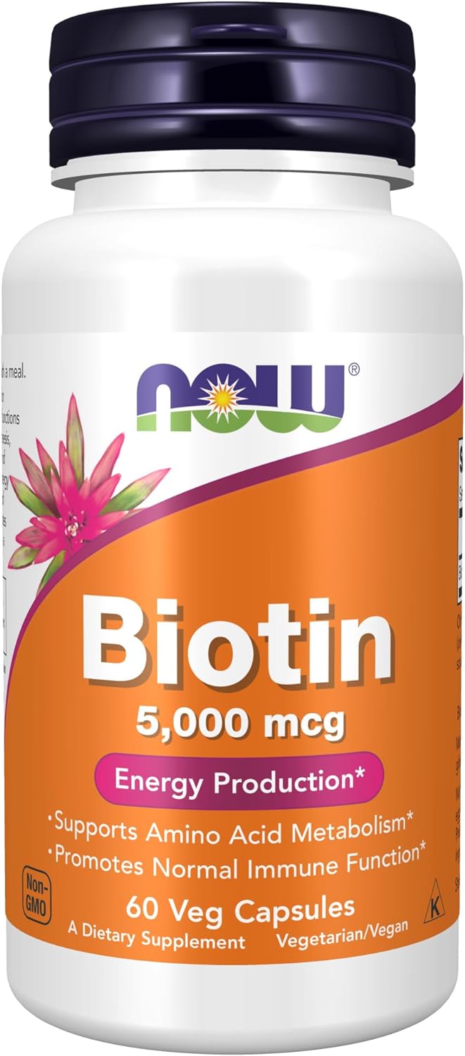 NOW Supplements, Biotin 5,000 mcg, Amino Acid Metabolism*, Energy Production*, 60 Veg Capsules