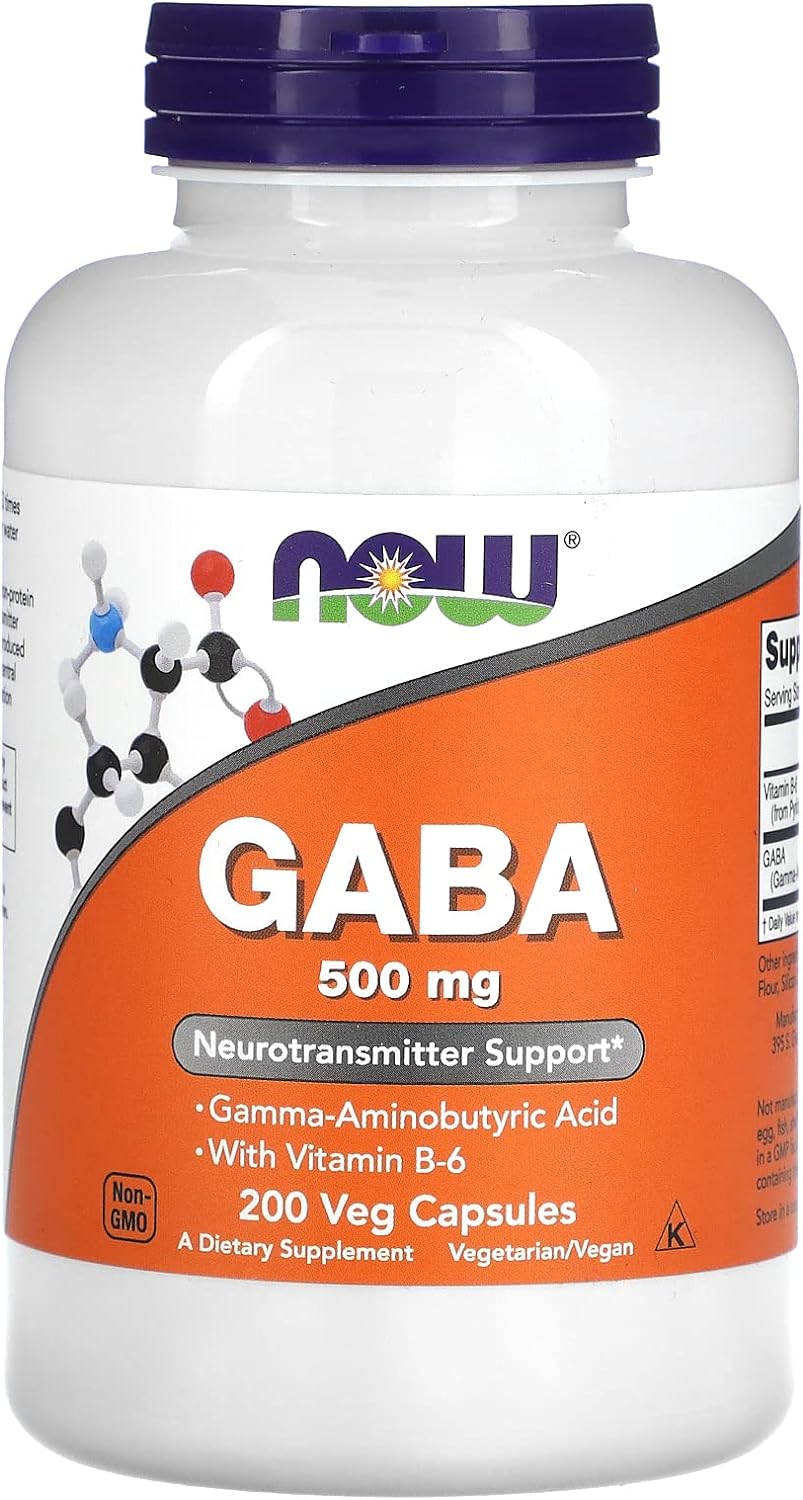 NOW Supplements, GABA (Gamma-Aminobutyric Acid) 500 mg   B-6, Natural Neurotransmitter*, 200 Veg Capsules