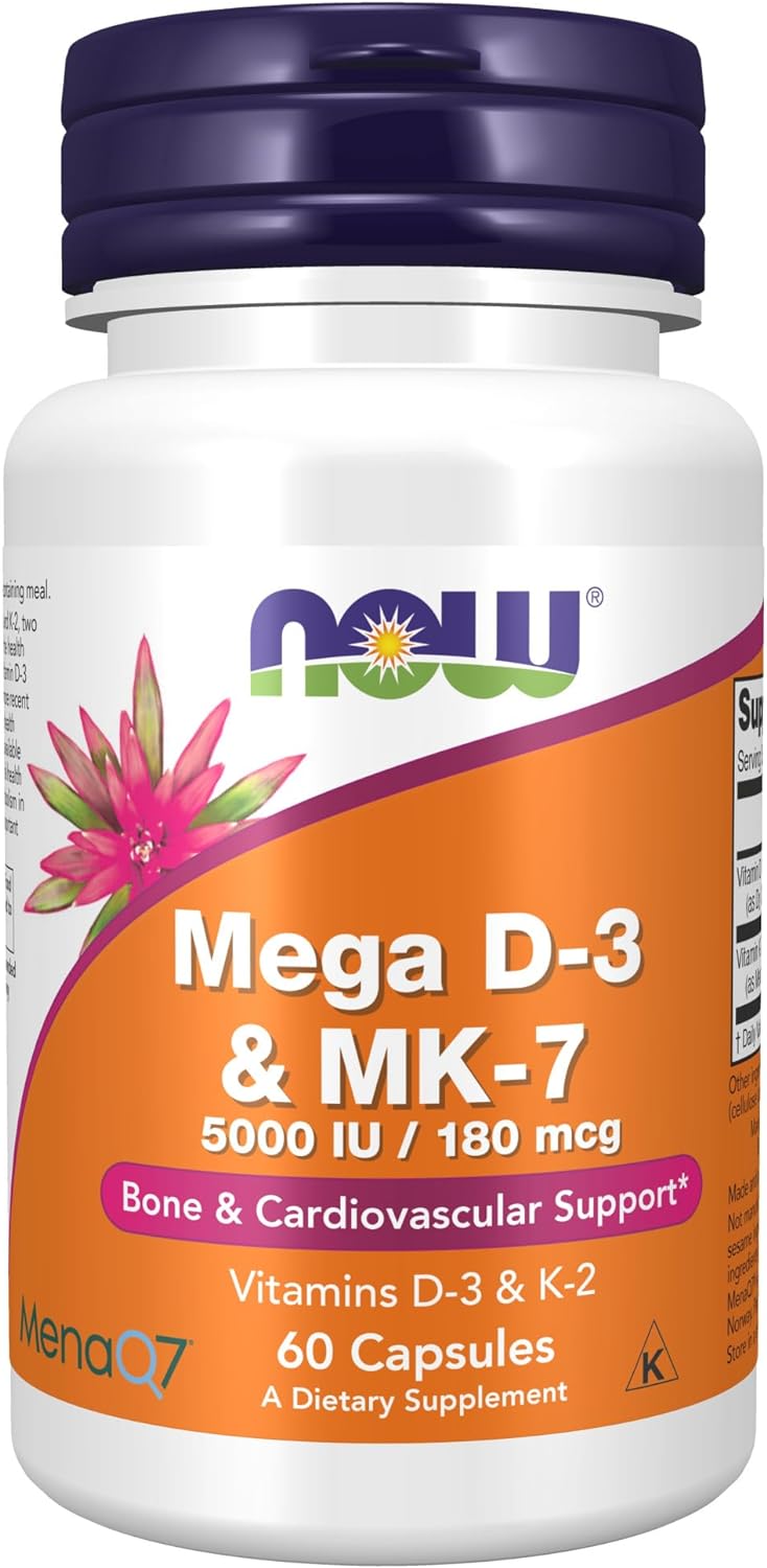 NOW Supplements, Mega D-3 & MK-7 with Vitamins D-3 & K-2, 5,000 IU/180 mcg, Bone & Cardiovascular Support*, 60 Veg Capsules