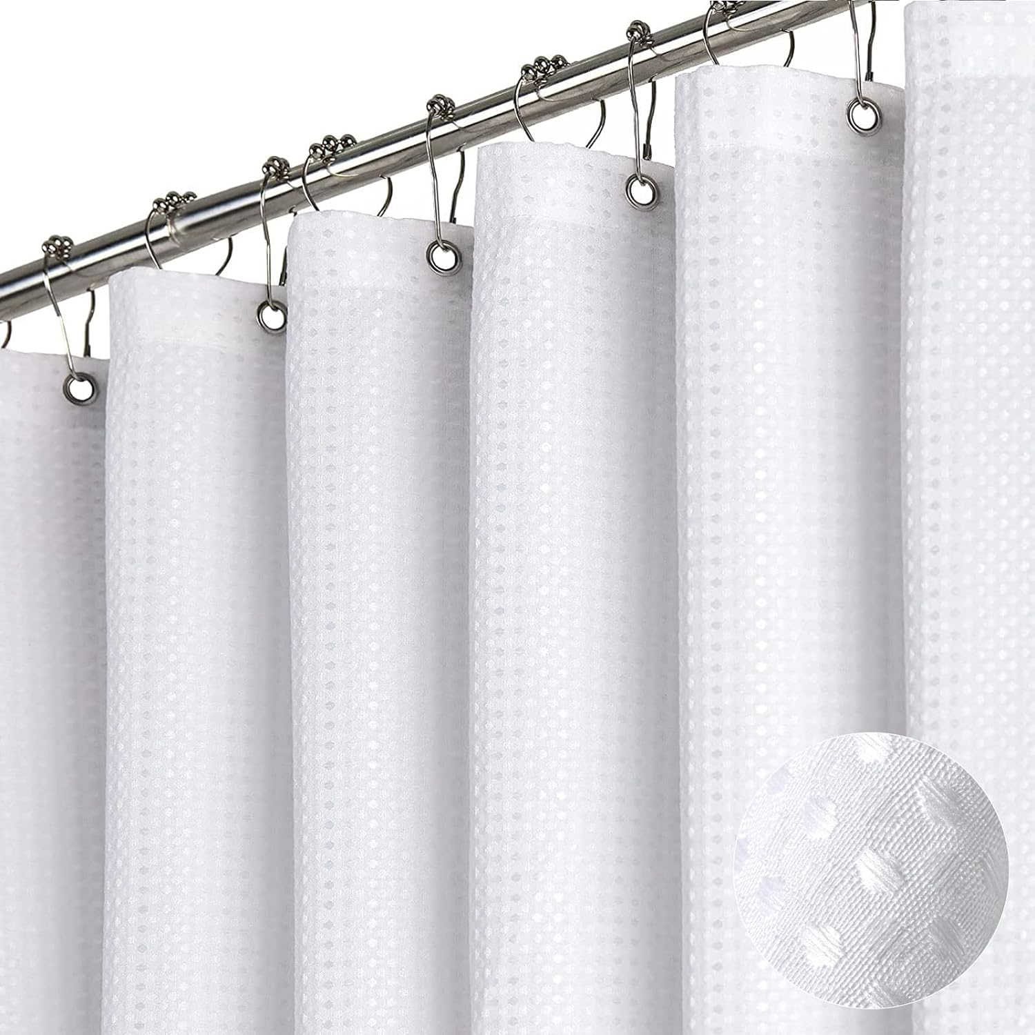 Dynamene White Fabric Shower Curtain Waffle Weave Heavy Duty Hotel Luxury Cloth Shower Curtains for Bathroom, 72 Inch 256GSM Weighted Bath Curtain Set with 12 Plastic Hooks,72x72