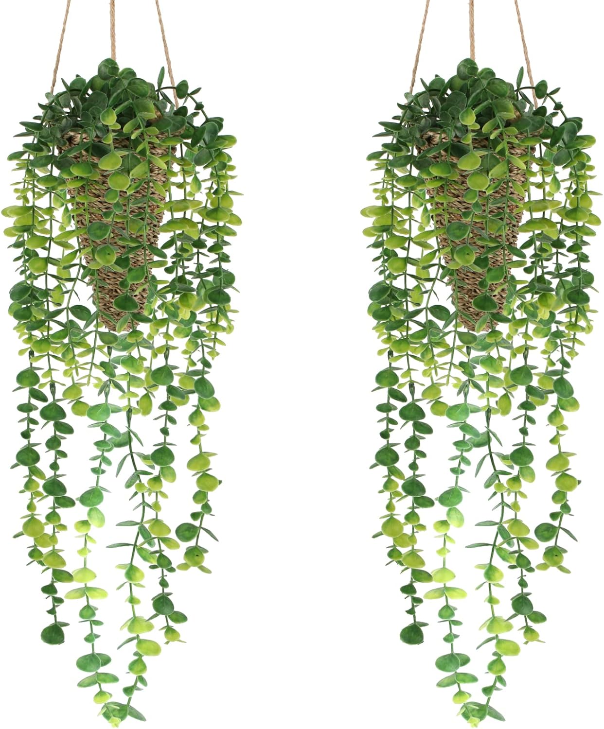 Nisoger Fake Hanging Plant with Woven Basket, 2 Pack Artificial Hanging Plants, Faux Vines Eucalyptus Leaf Hanging Pot Plant for Wall Home Room Indoor Outdoor Bedroom Bathroom Office Decor