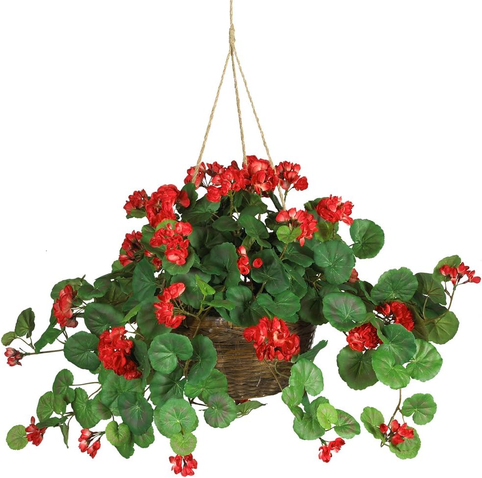 Nearly Natural 6609-RD 24in. Geranium Hanging Basket Silk Plant,Red,10.25 x 10.25 x 17.5