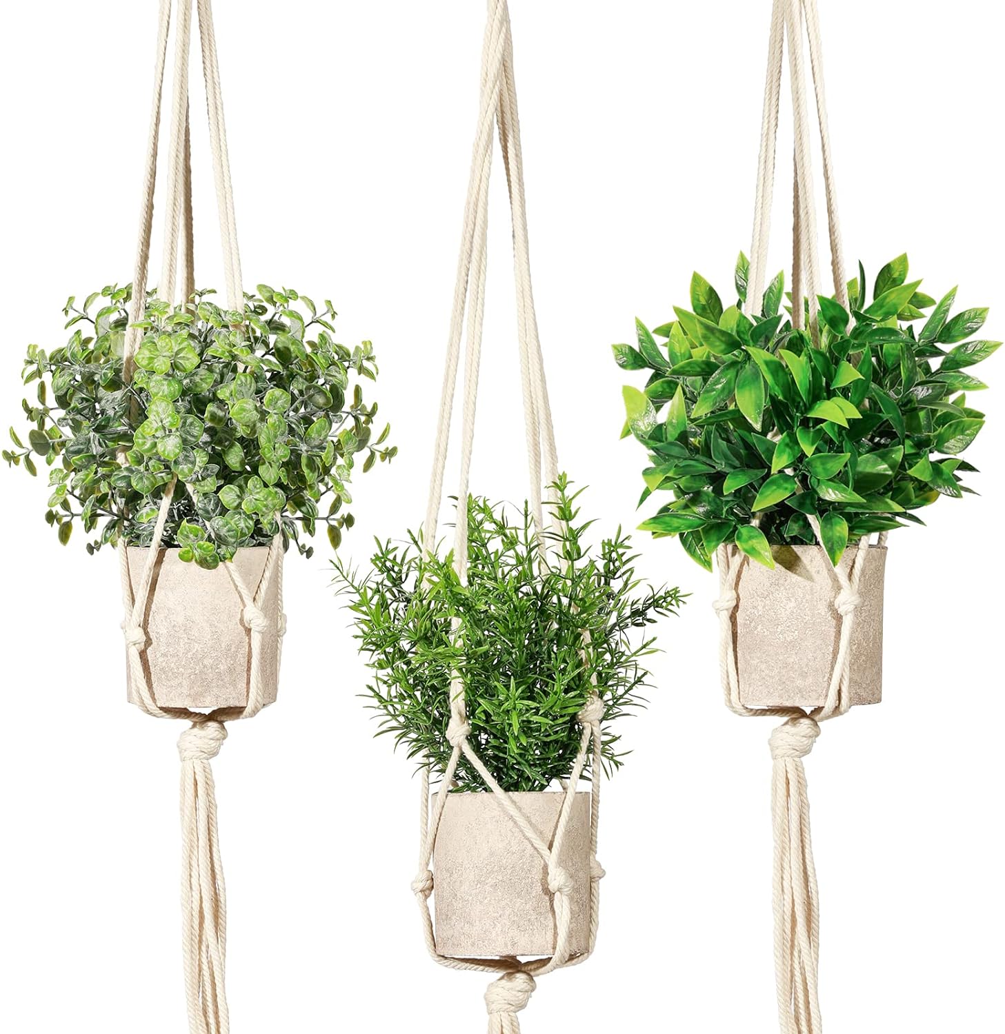 Artificial Plants 3 Pack Mini Fake Hanging with Macrame Plant Hangers Decorative Faux Greenery Decor for Shelves Wall Kitchen Farmhouse Bathroom Home Office