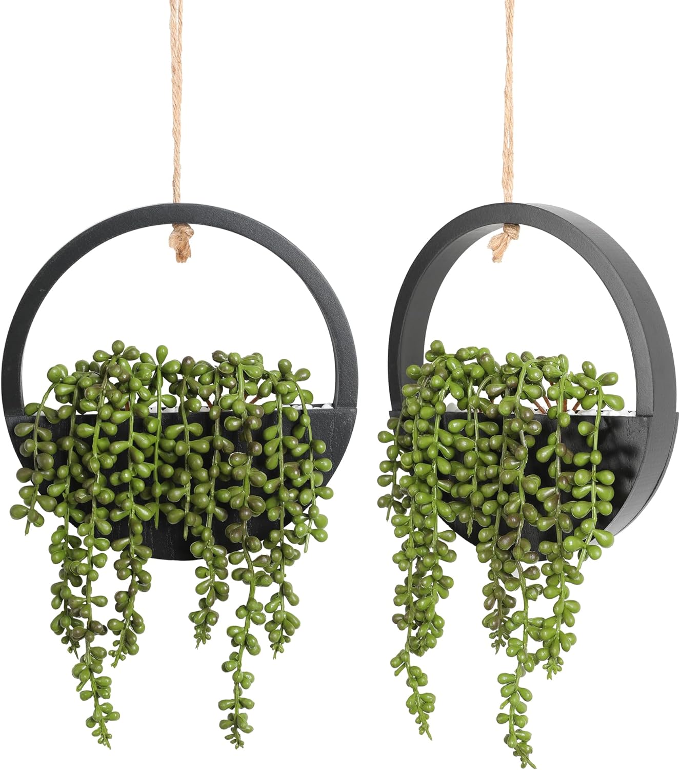 Floweroyal 2pcs Artificial Succulents Hanging Plants 12.2'' Fake String of Pearls in Pot with 8.3'' Lanyard for Indoor Outdoor Wall Decor (Black).