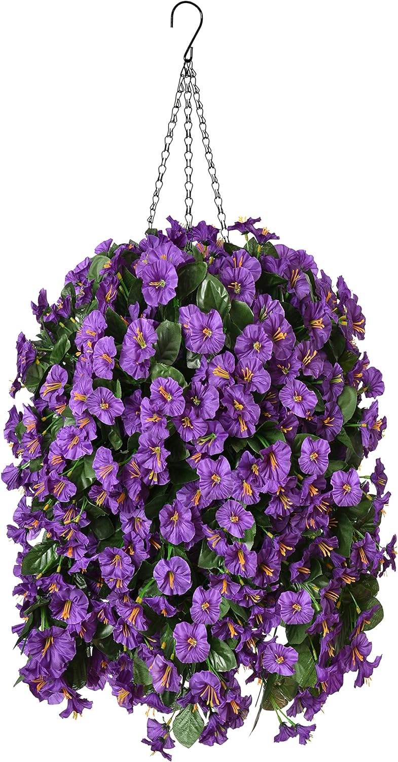 Artificial Fake Hanging Flowers Plants Basket for Outdoor Spring Decoration, Faux Silk Purple Morning Glory Long Stems Vines Realistic UV Resistant for Outside Home Porch Garden Yard Patio