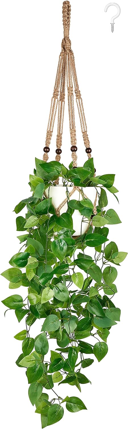 Mkono Fake Hanging Plant with Pot, Artificial Plants for Home Decor Indoor Macrame Plant Hanger with Faux Vine Hanging Planter Greenery for Bedroom Bathroom Kitchen Office Decor, Brown (Pothos)