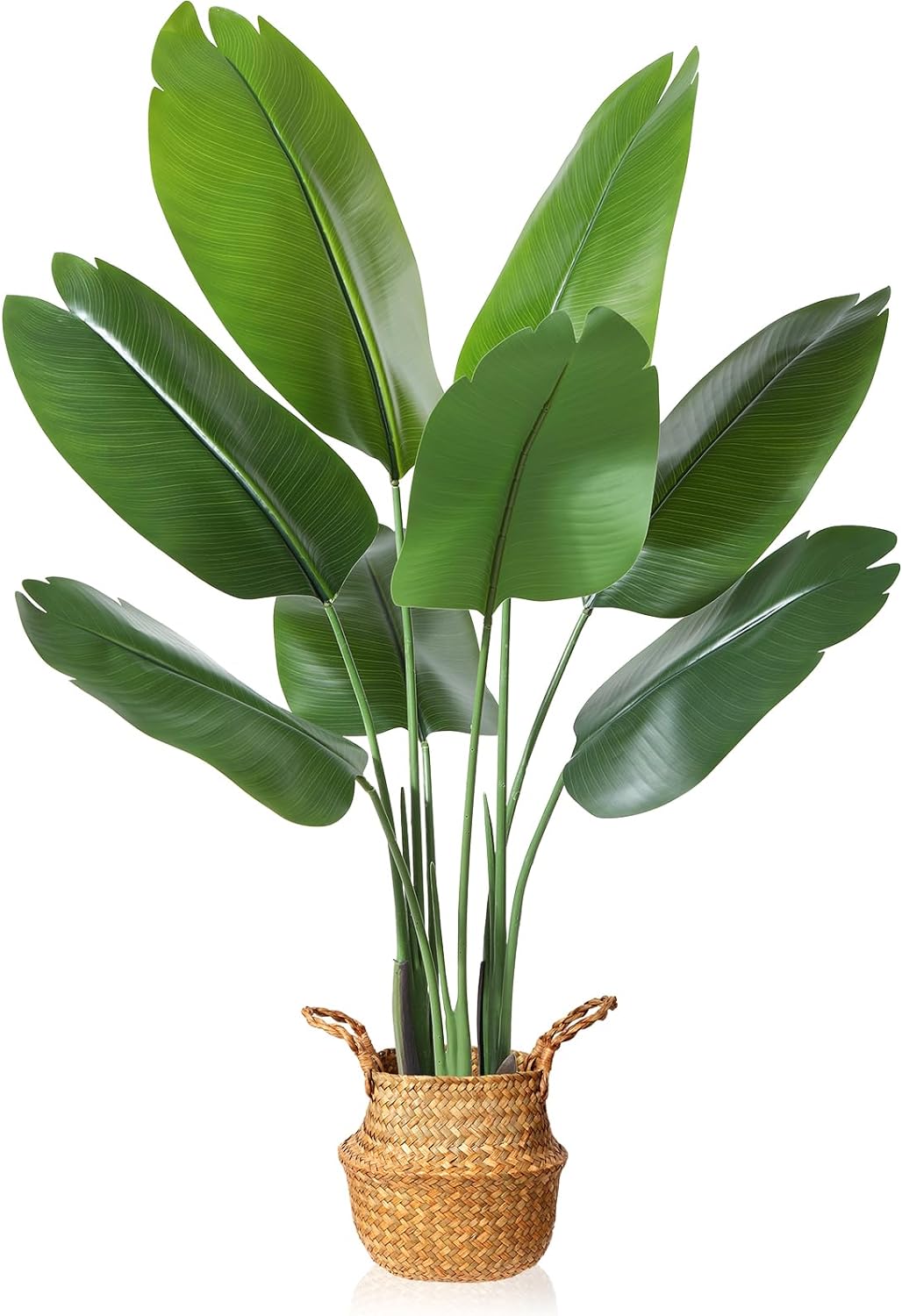 MOSADE 4FT Artificial Bird of Paradise Plant,Tall Fake Tropical Palm Tree with Woven Seagrass Basket, Realistic Faux Tree,8 Detachable Trunks Silk Plants for Modern Home Dcor Indoor Office