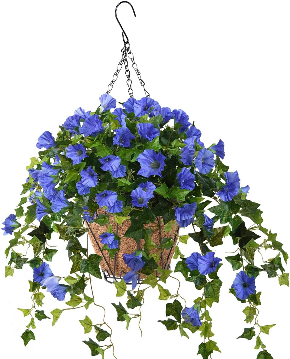 Homsunny Artificial Vine Silk Petunia Flowers,Hanging Plant in Basket,Coconut Lining Basket Hanging Plant for Patio Lawn Garden Decor(Blue)