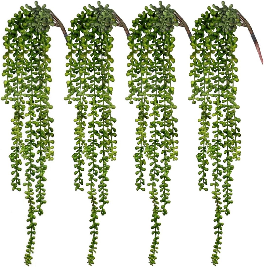 CEWOR 4pcs Artificial Succulents Hanging Plants Fake String of Pearls Fake Leaves for Indoor Decoration Outdoor Garden Greenery Decor