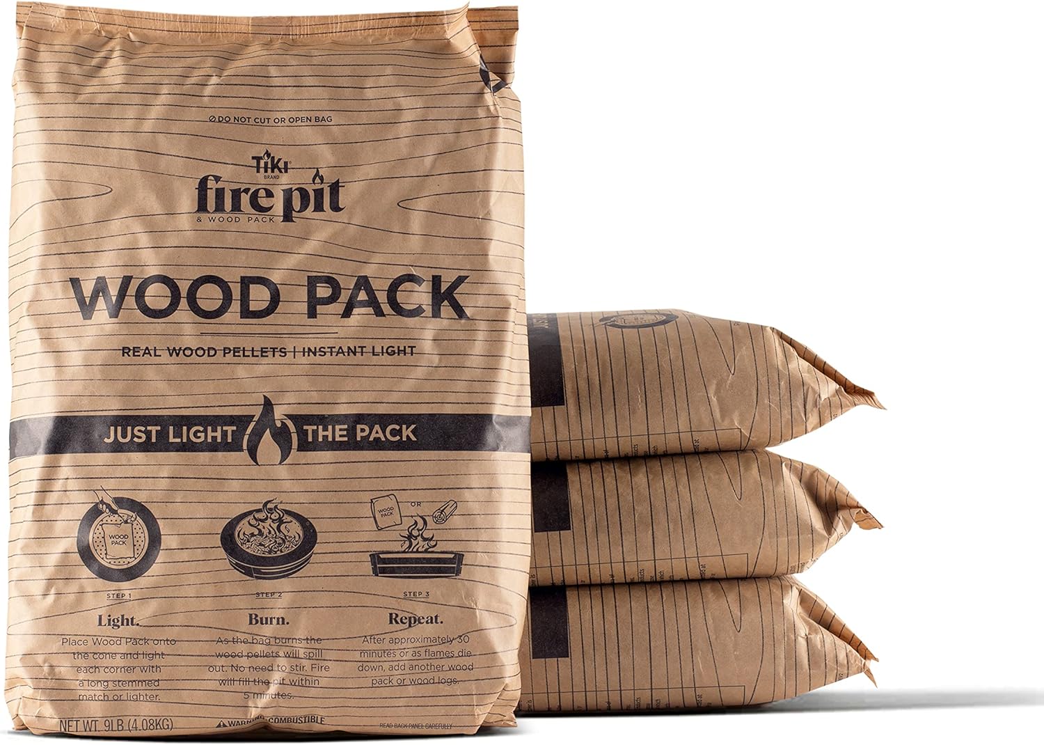 TIKI Brand Wood Packs - 4-Pack, Wood Pellets For Smokeless Outdoor Fire Pits, Wood Fuel Pellets, Easy Instant Fire For 30+ Minute Burn, 17 x 11.5 x 3.5 Inches, 121913568
