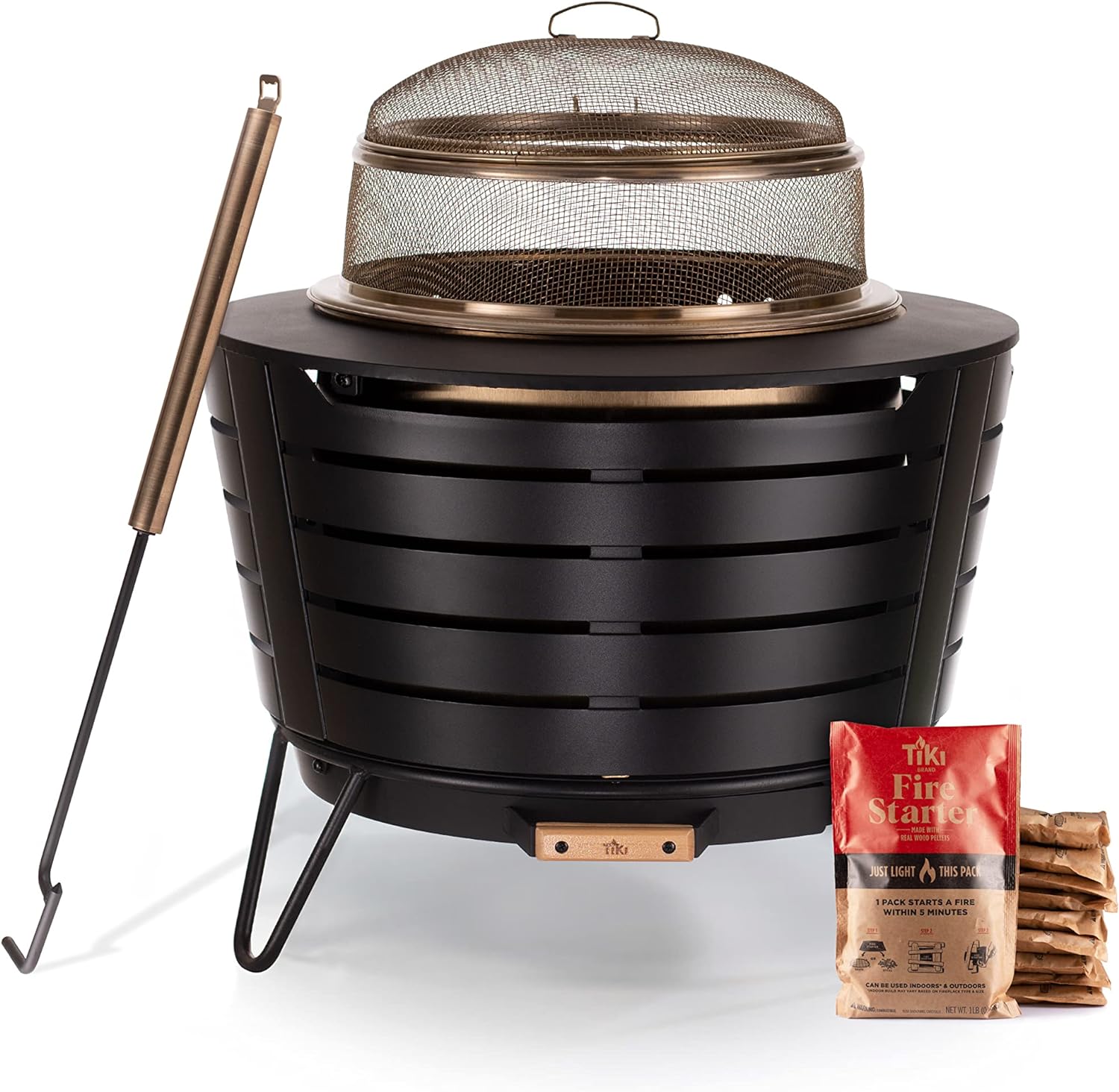 TIKI Brand Patio Smokeless Fire Pit with Screen and Poker and 10-Pack Fire Starters Bundle