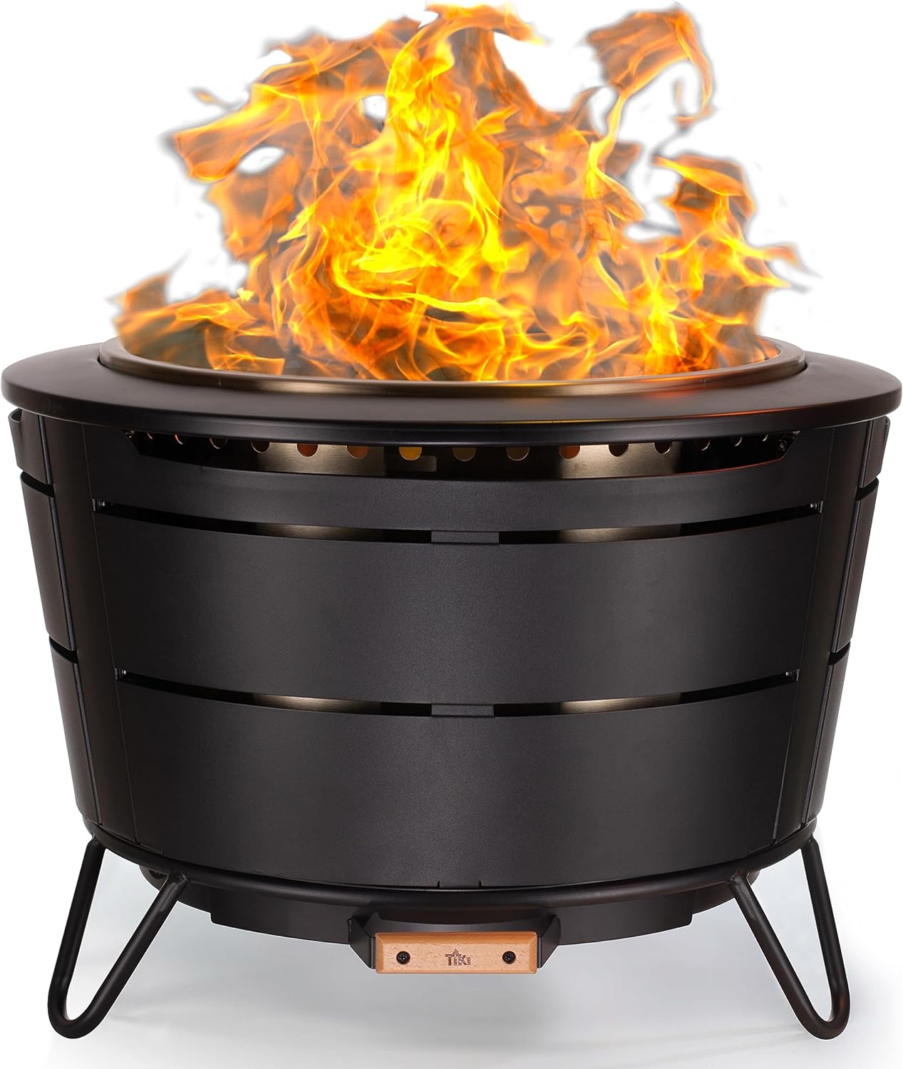 TIKI Brand Reunion Smokeless Fire Pit | Large Wood Burning Outdoor Fire Pit, Great for Large Gatherings - Includes Starter Pack, Modern Design with Removable Ash Pan, 27.5x27.5x20 in, Black