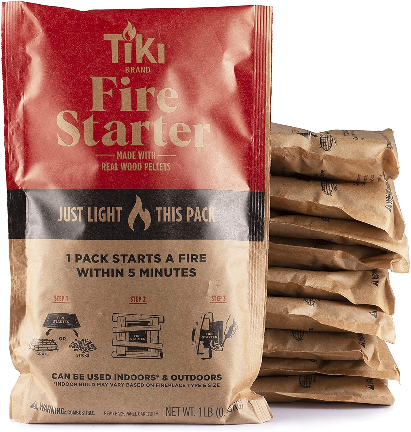 TIKI Brand Fire Starter | 10-Pack, Indoor/Outdoor Fire Starter, Wood Pellets, Outdoor Fire Pit Fire Starter, Indoor Fire Place Fire Starter, Easy Fire Starter, 15 x 11.88 x 9 inches, 122000768,Brown