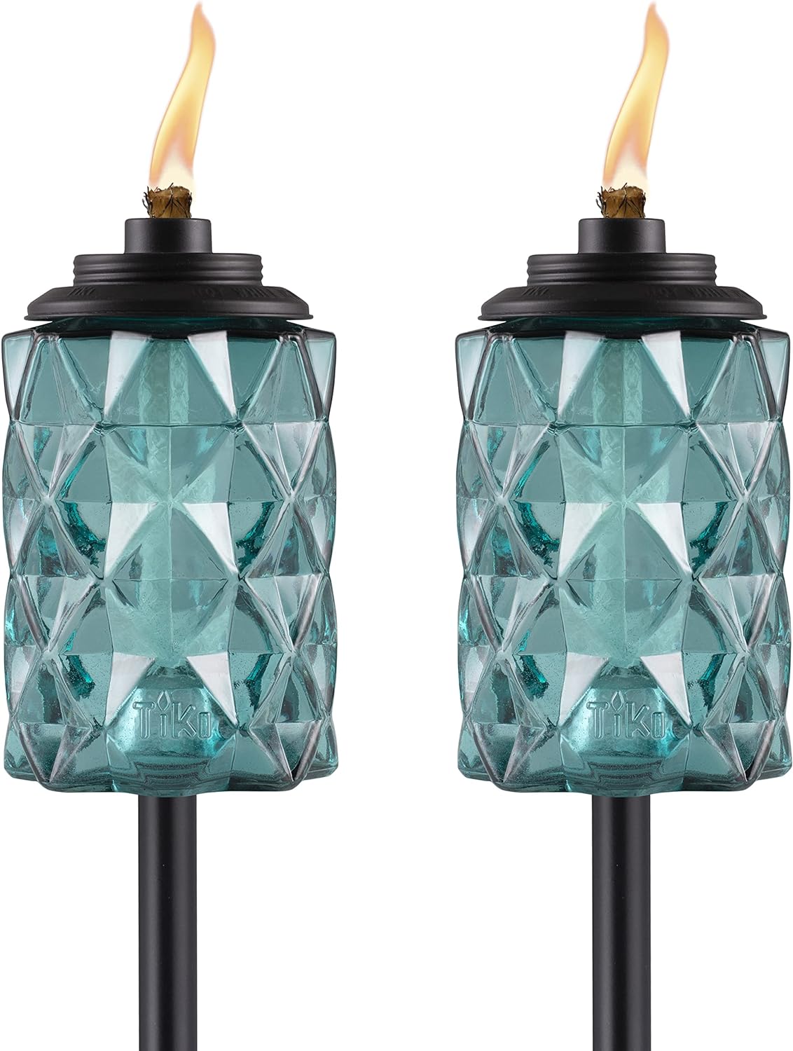 TIKI Brand 2-Pack Topaz Blue Glass Easy Install Tiki Torch, Outdoor Decorative Lighting for Lawn Patio Backyard, 65 Inch, Blue, 1122125