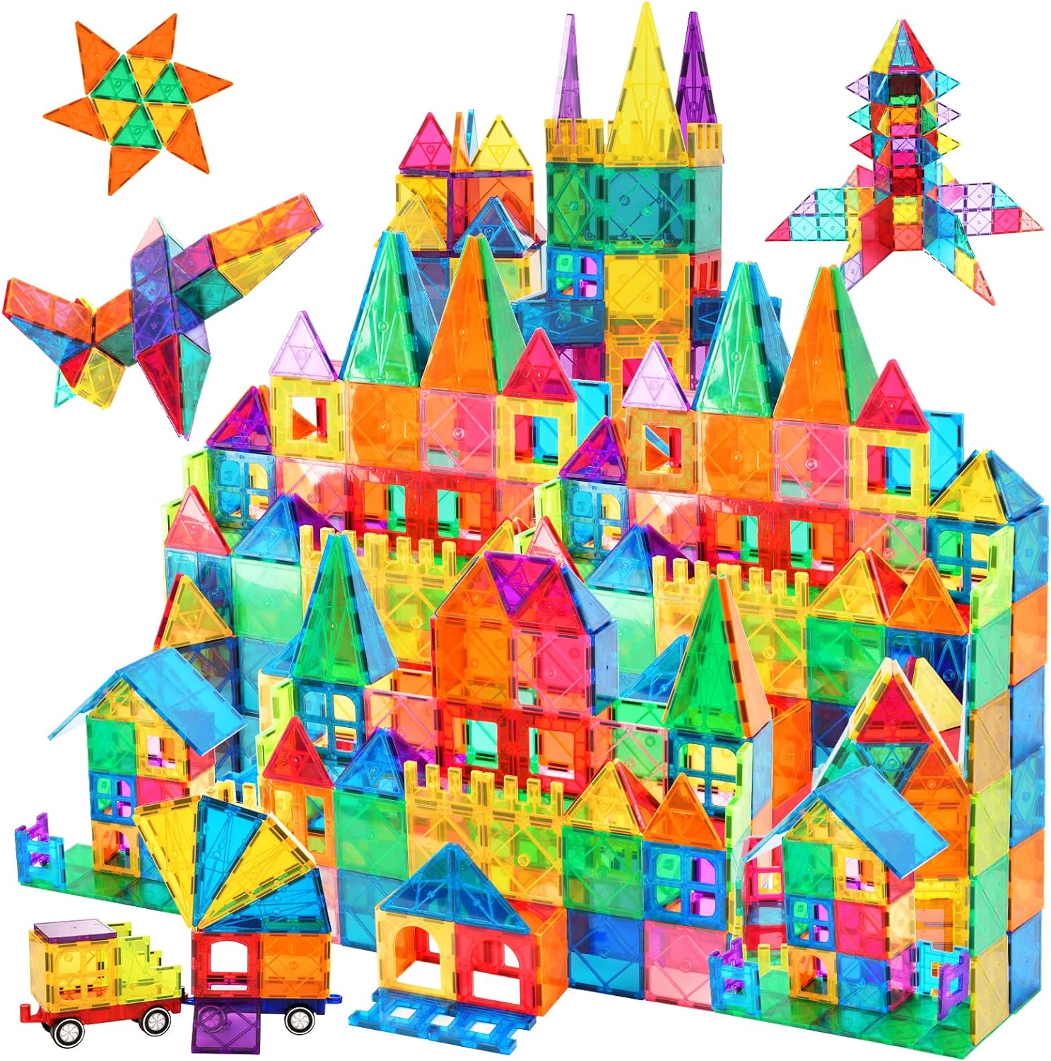 AFUNX 130 PCS Magnetic Tiles Building Blocks 3D Clear Construction Playboards, Inspiration, Creativity Beyond Imagination, Educational Magnet Toy Set for Kids with 2 Cars