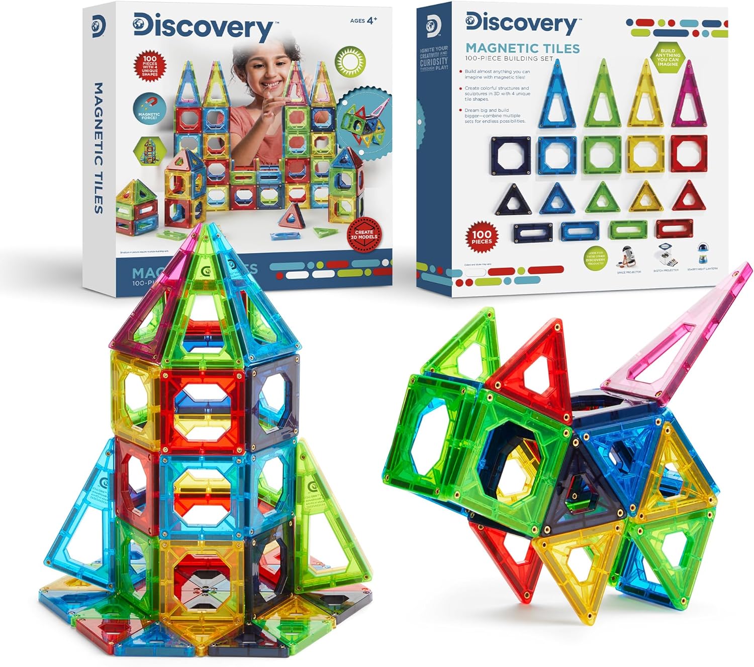 Discovery 100-Piece 3D Magnetic Tile Set [2023 Amazon Exclusive] Construction Building Block Creativity Kit, Educational Learning STEM Toy, Safe Non-Toxic Engineering Development Preschool Activity