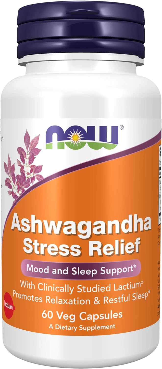 NOW Supplements, Ashwagandha Stress Relief, Mood and Sleep Support*, with clinically Studied Lactium, Promotes Relaxation and restful Sleep*, 60 Veg Capsules