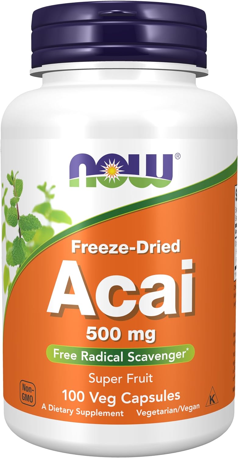 NOW Supplements, Acai 500 mg, Freeze-Dried Super Fruit with Polyphenols, Ellagic Acid, Rutin, Anthocyanins and Catechins, 100 Veg Capsules