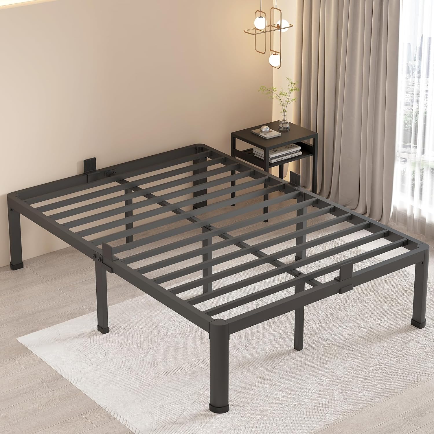 MAF 16 Inch Full Size Bed Frame with Round Corner Legs Mattress Slide Stopper No Box Spring Needed Heavy Duty Metal Platform Bed Frames Under-Bed Storage Space, 3000 LBS Steel Slats Support