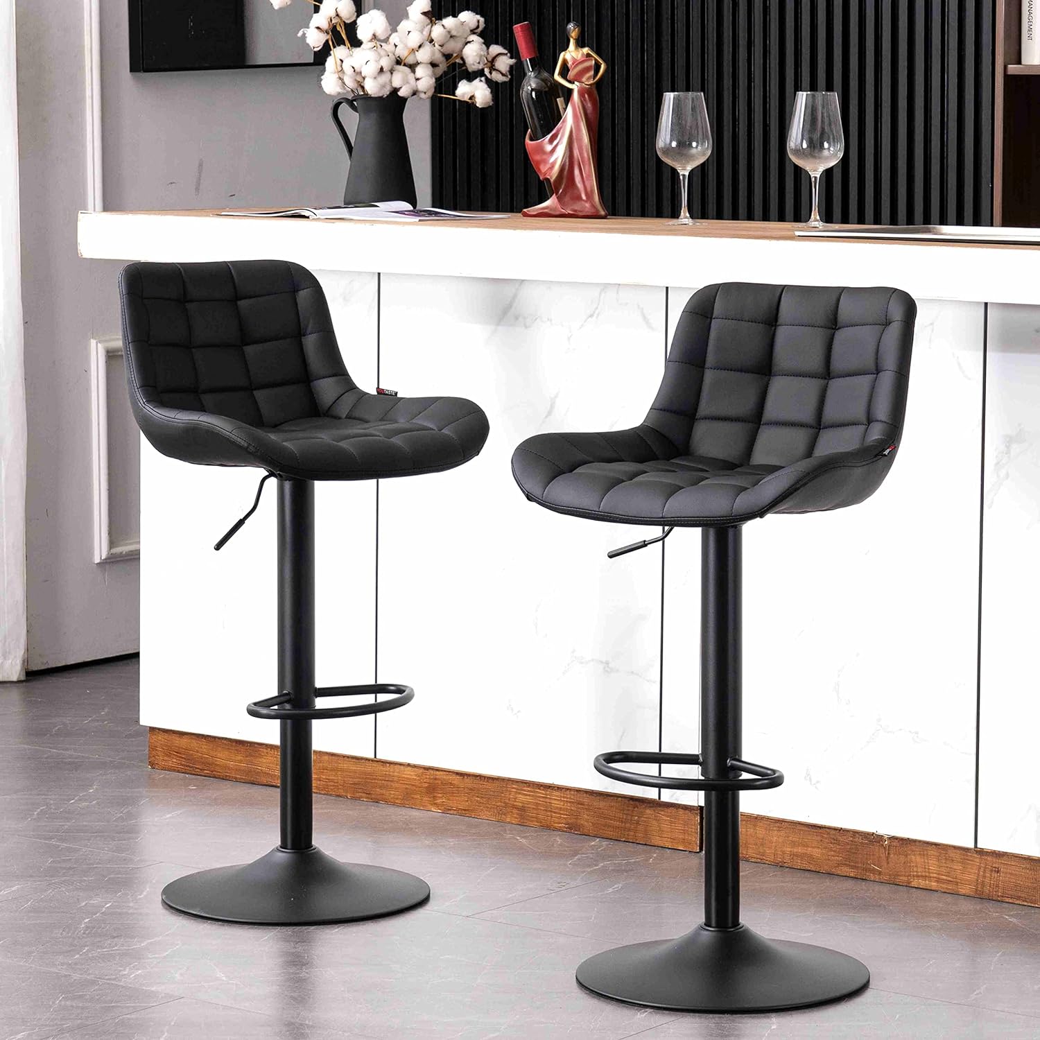 YOUTASTE Black Bar Stool Set of 2 PU Leather Upholstered Counter Height Barstools Adjustable Swivel Metal Bar Chairs with High Back for Home Kitchen Island