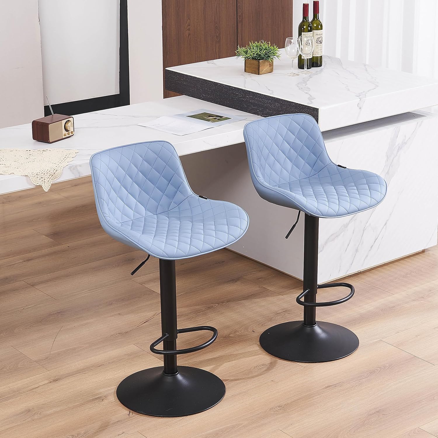 YOUTASTE Blue Bar Stools Set of 2 Mid Century Modern Counter Height Bar Stool PU Leather Diamond Padded Barstools with Back Adjustable Swivel Metal Chairs for Home Kitchen Island Restuarant