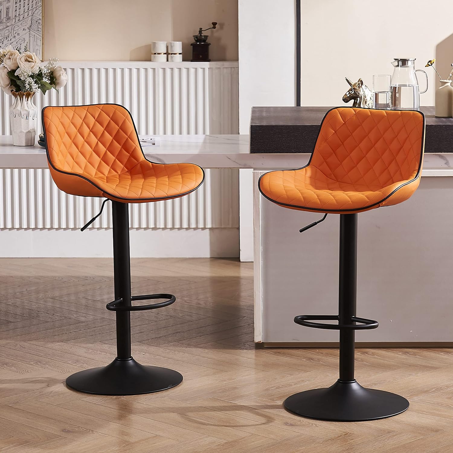 YOUTASTE Orange Black Bar Stools Set of 2 Adjustable Counter Height Barstools Faux Leather Bar Stool with Back,Swivel Modern Metal Diamond Bar Chairs Home Kitchen Island Restuarant