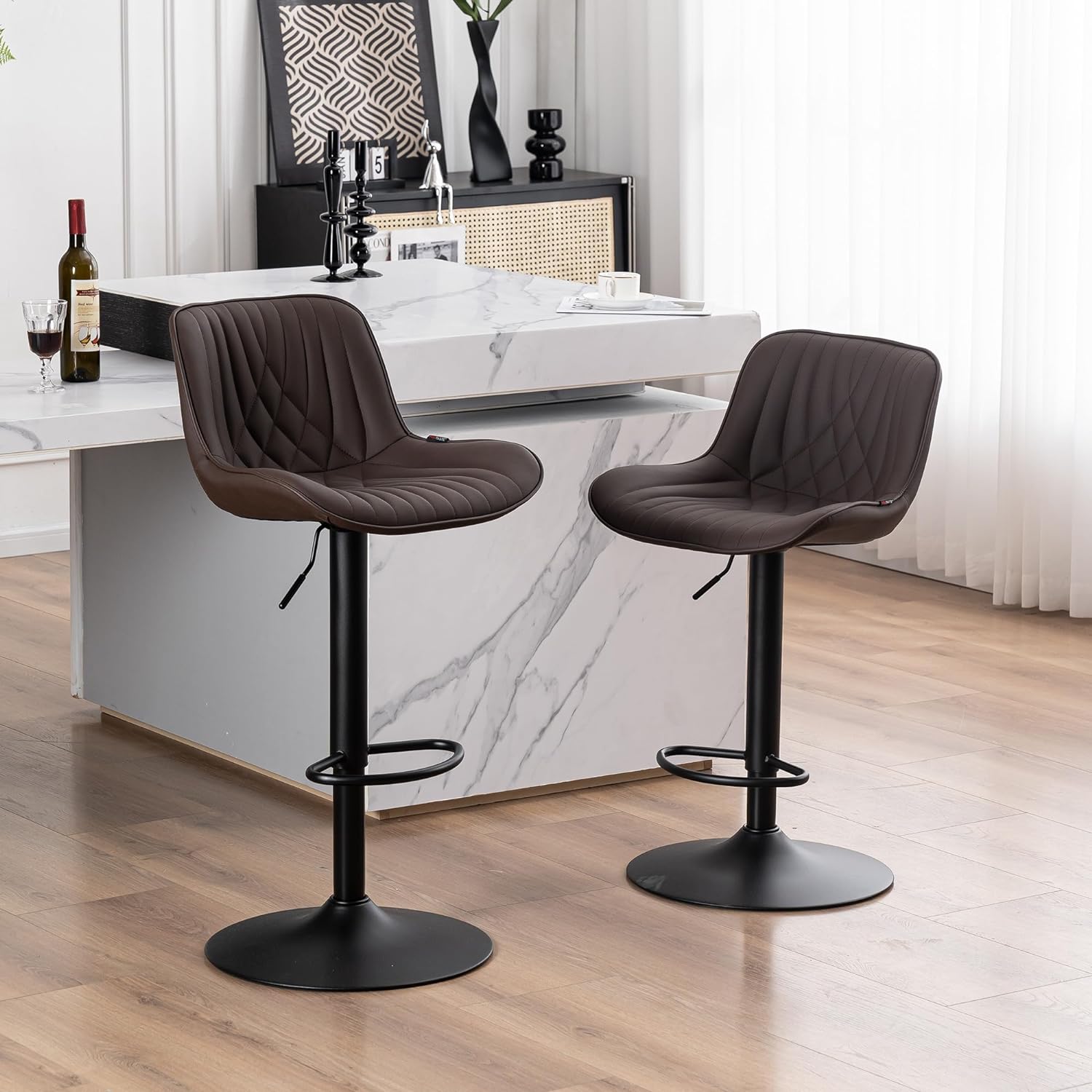 YOUTASTE Brown Bar Stools Set of 2 Adjustable Swivel Modern Barstools Luxury Upholstered Faux Leather Bar Stool Counter Height Metal Chairs with Back for Home Kitchen Island