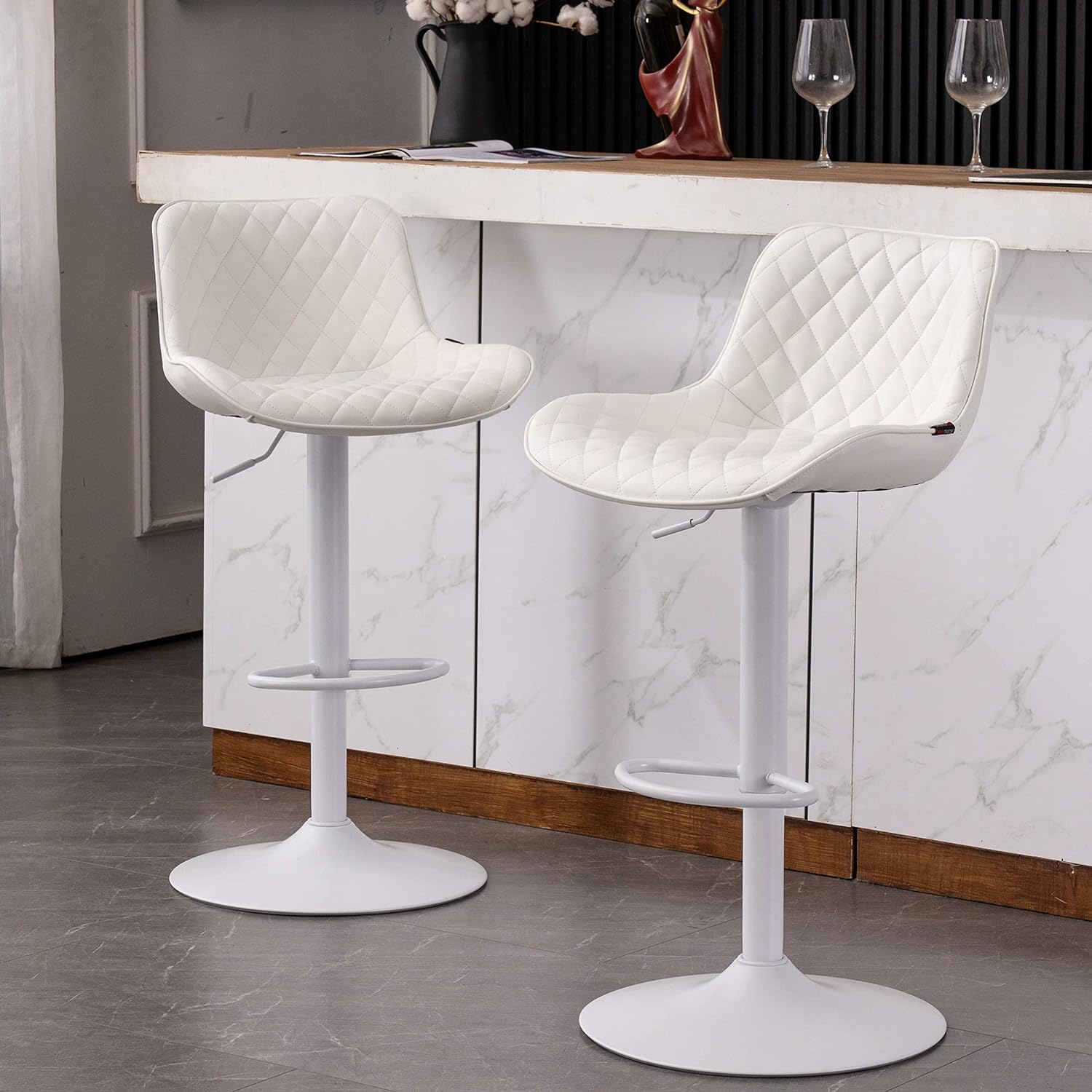 YOUTASTE White Bar Stools Set of 2 Faux Leather Padded Counter Height Bar Stool Adjustable Metal Barstools High Back Swivel Bar Chairs for Home Kitchen Island