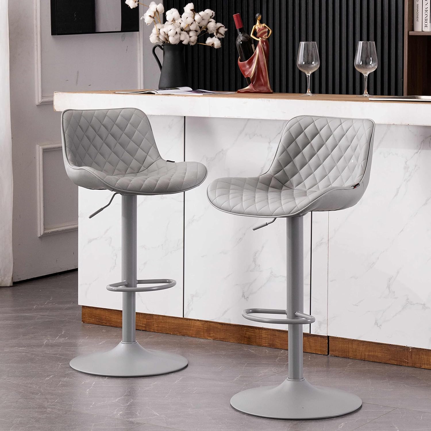 YOUTASTE Grey Bar Stools Set of 2 PU Leather Padded Counter Height Bar Stool,Modern Metal Diamond Barstools with High Back,Adjustable Swivel Bar Chairs Home Kitchen Dining Island