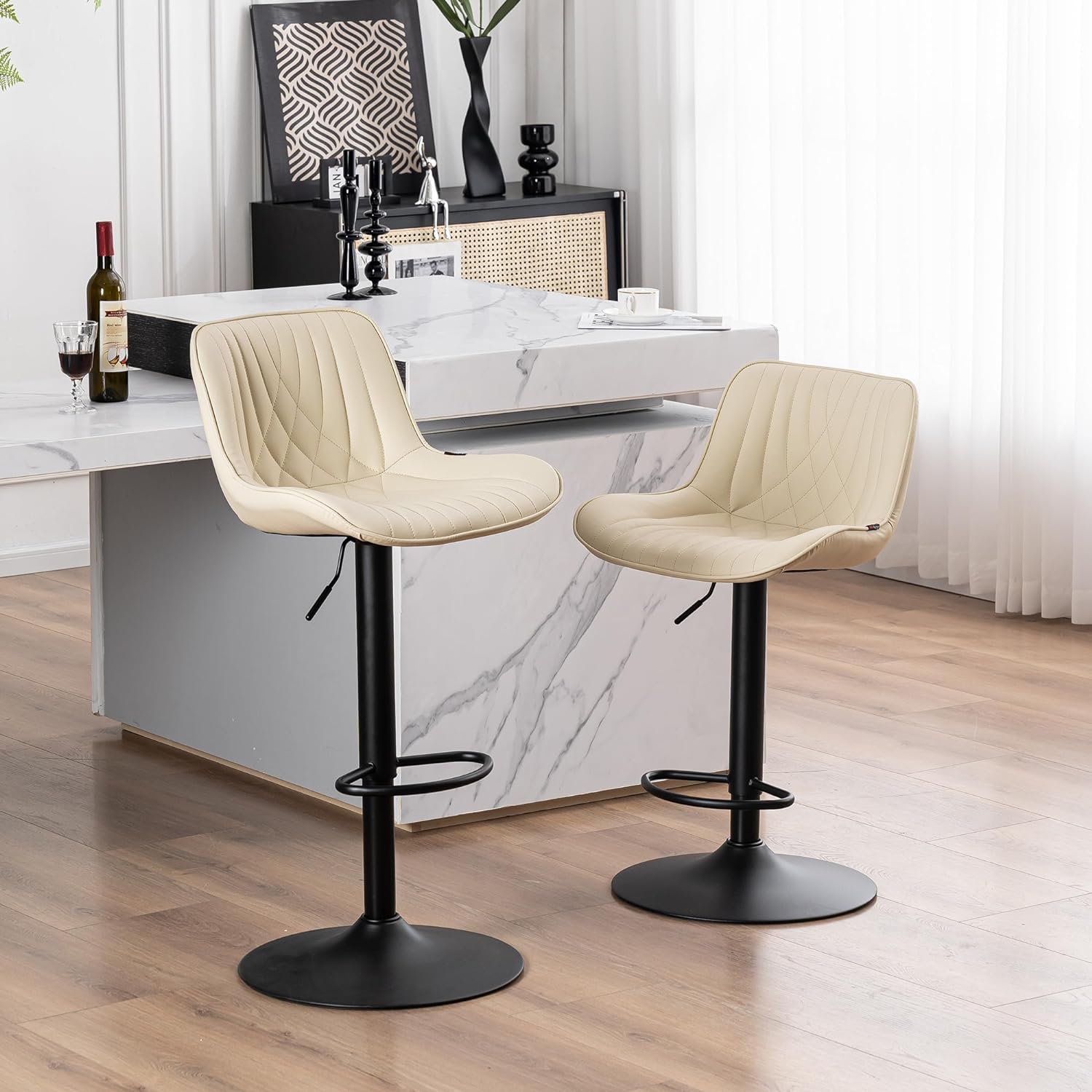 YOUTASTE Beige Bar Stools Set of 2 Adjustable Swivel Modern Barstools Luxury Upholstered Faux Leather Bar Stool Counter Height Metal Chairs with Back for Home Kitchen Island