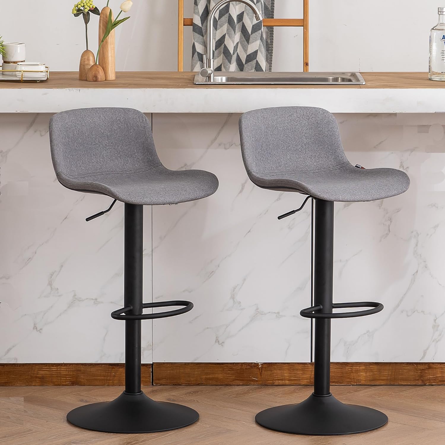 YOUTASTE Fabric Grey Bar Stools Set of 2 Adjustable Counter Height Barstools Swivel Modren Shell Bar Stool with High Back Metal Breakfast Bar Chairs for Kitchen Island Home Bistro