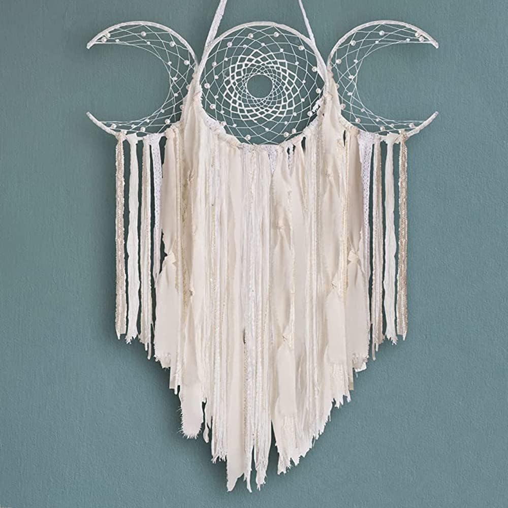 ANROYE White Triple Moon Goddess Macrame Wall Hanging, Boho Crescent Dream Catcher, Bohemian Dreamcatcher for Women Bedroom, Hippie Woven Tapestry-Witchcraft Gift, Pagan Decor for Adults Decoration