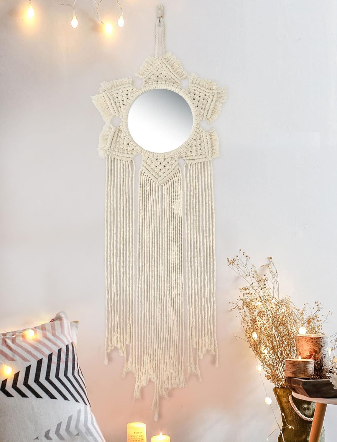 Nice Dream Macrame Hanging Wall Mirror Dream Catchers for Bedroom Adult Boho Wall Decor with Tassels for Home Decor Ornament